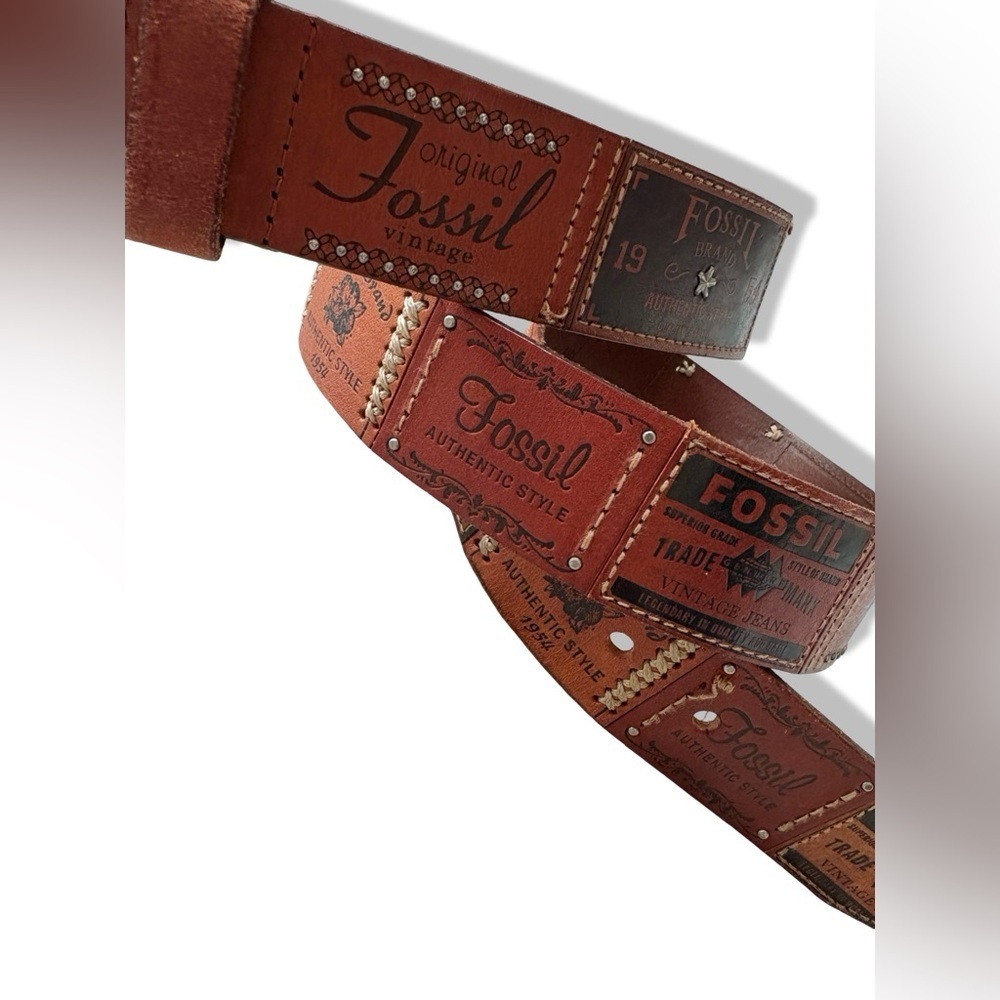 Rare Y2K VTG Fossil 54 Logo Patchwork Leather Belt | Size Medium M - Picture 8 of 14